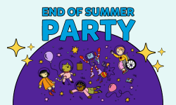 End of Summer Party graphic with cartoon kids and creatures floating in space having fun