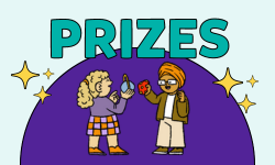 Prizes graphic with cartoon kids looking at model planets