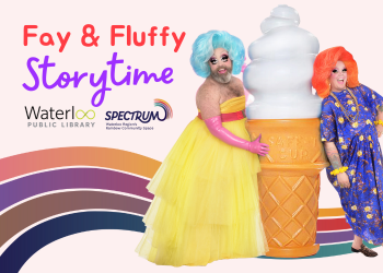 Fay and Fluffy Storytime graphic (image of Fay & Fluffy standing beside a giant ice cream cone)