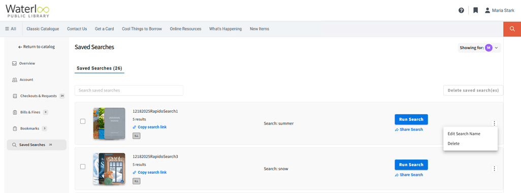 Screenshot of new Saved Searches page on the catalogue