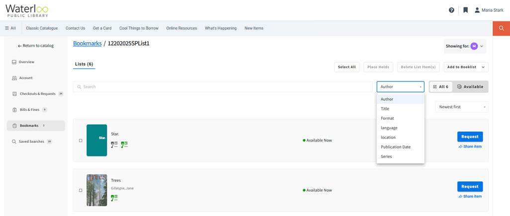 Screenshot of the new Bookmarks page on the catalogue